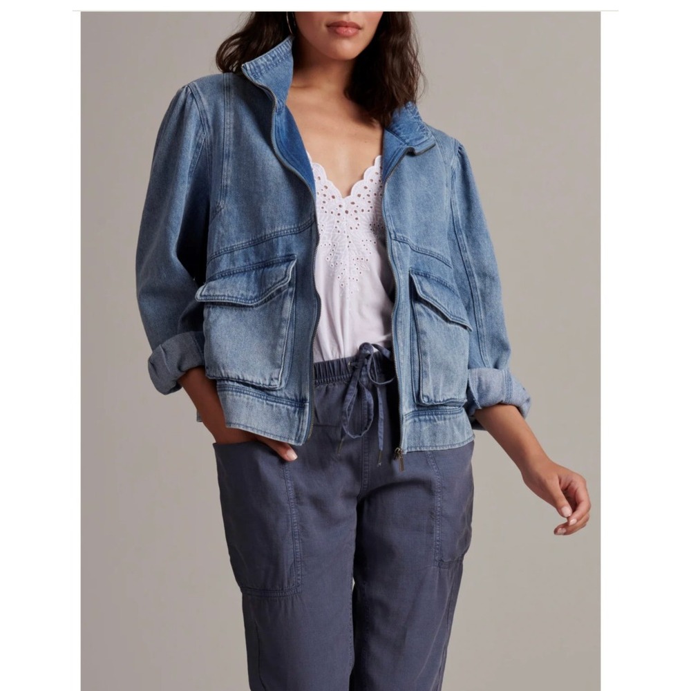Splendid Capri Denim Jacket Women Small Indigo Blue Zip Up Puff Sleeve Utility
